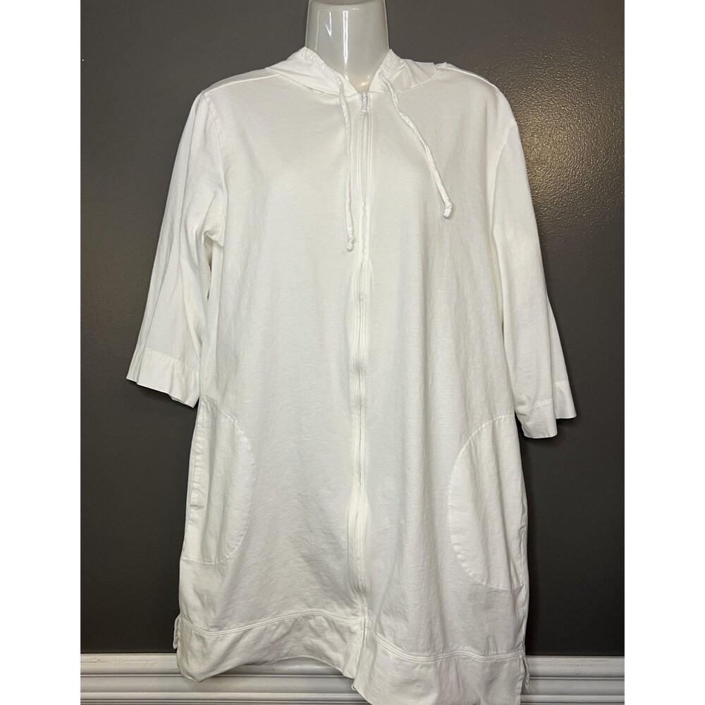 L.L. Bean Jacket Womens Large White Cotton Hooded 3/4 Sleeve Full Zip Pockets - Picture 2 of 7